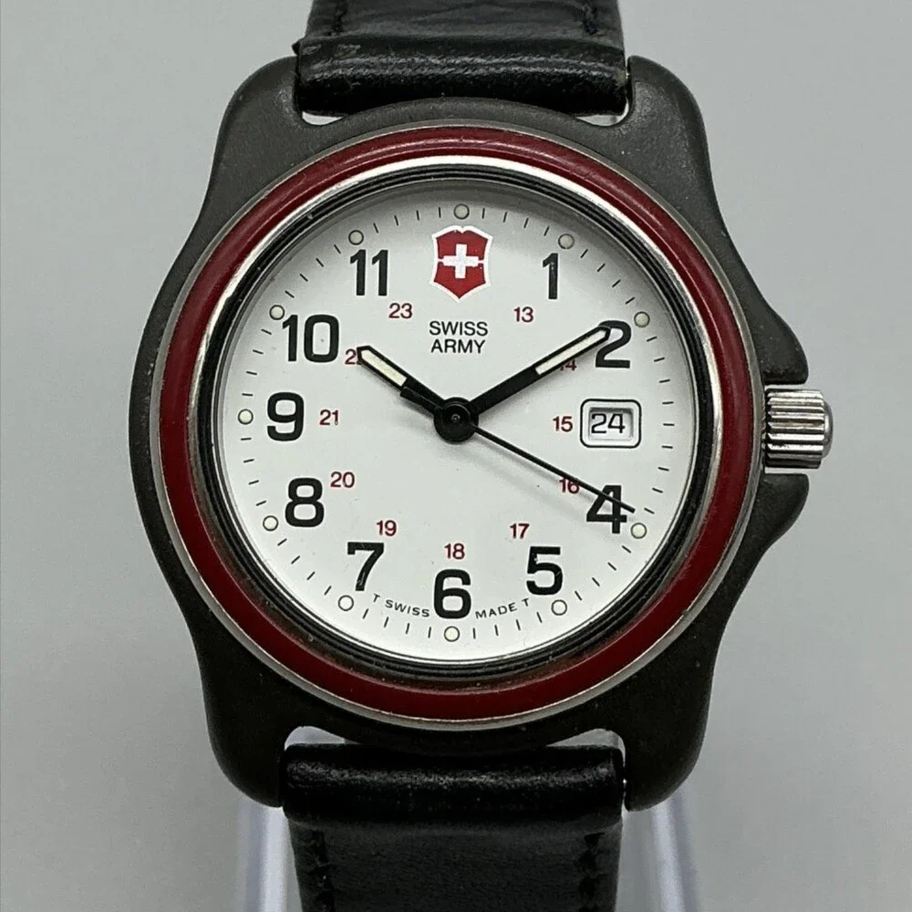 Swiss Army Mens Watch 33mm White Dial Black Leather Red Bezel New Battery